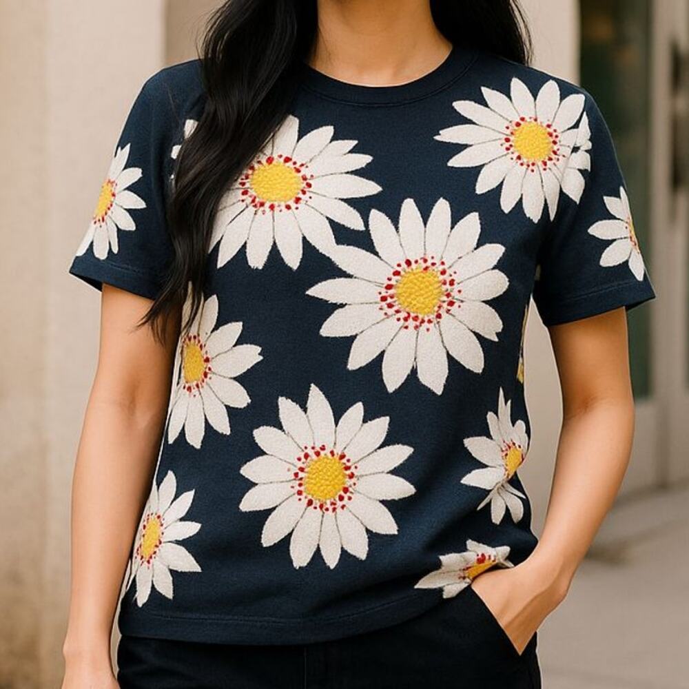 Marisa Christina Vintage Sunflower Ramie/Cotton Short Sleeve Sweater Size Small